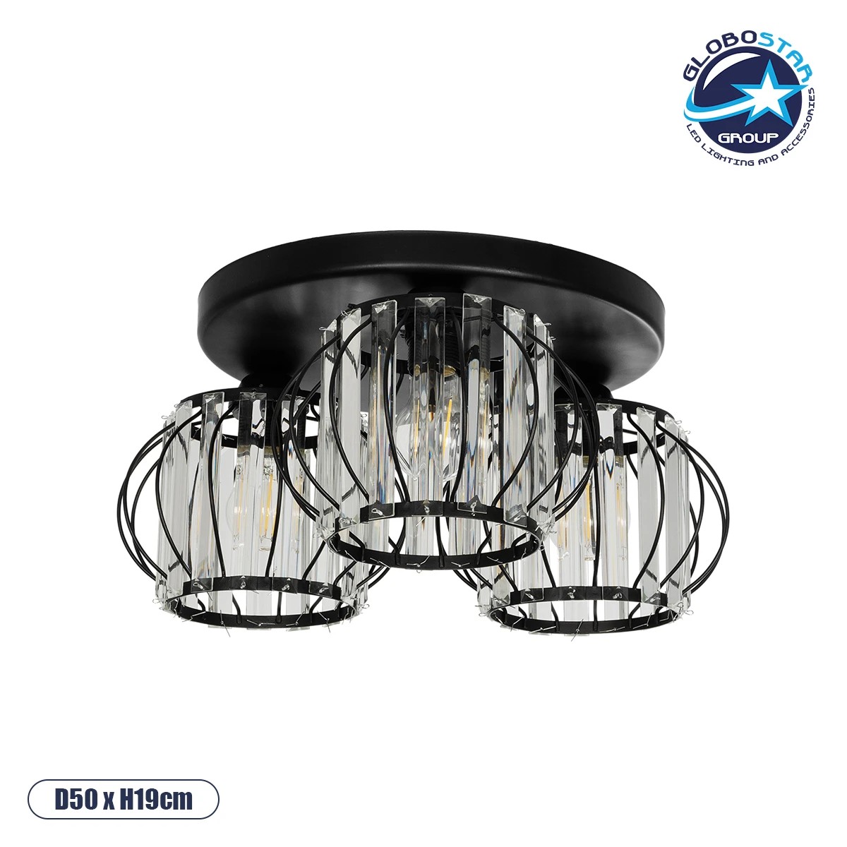 201_0100_01 GLOBOSTAR® ILLUME 201-0100 Vintage Φωτιστικό Οροφής με Ντουί 3 x E27 AC 220-240V IP20 - Μαύρο & Διάφανο - Μ50 x Π50 x Υ19cm - Image 1