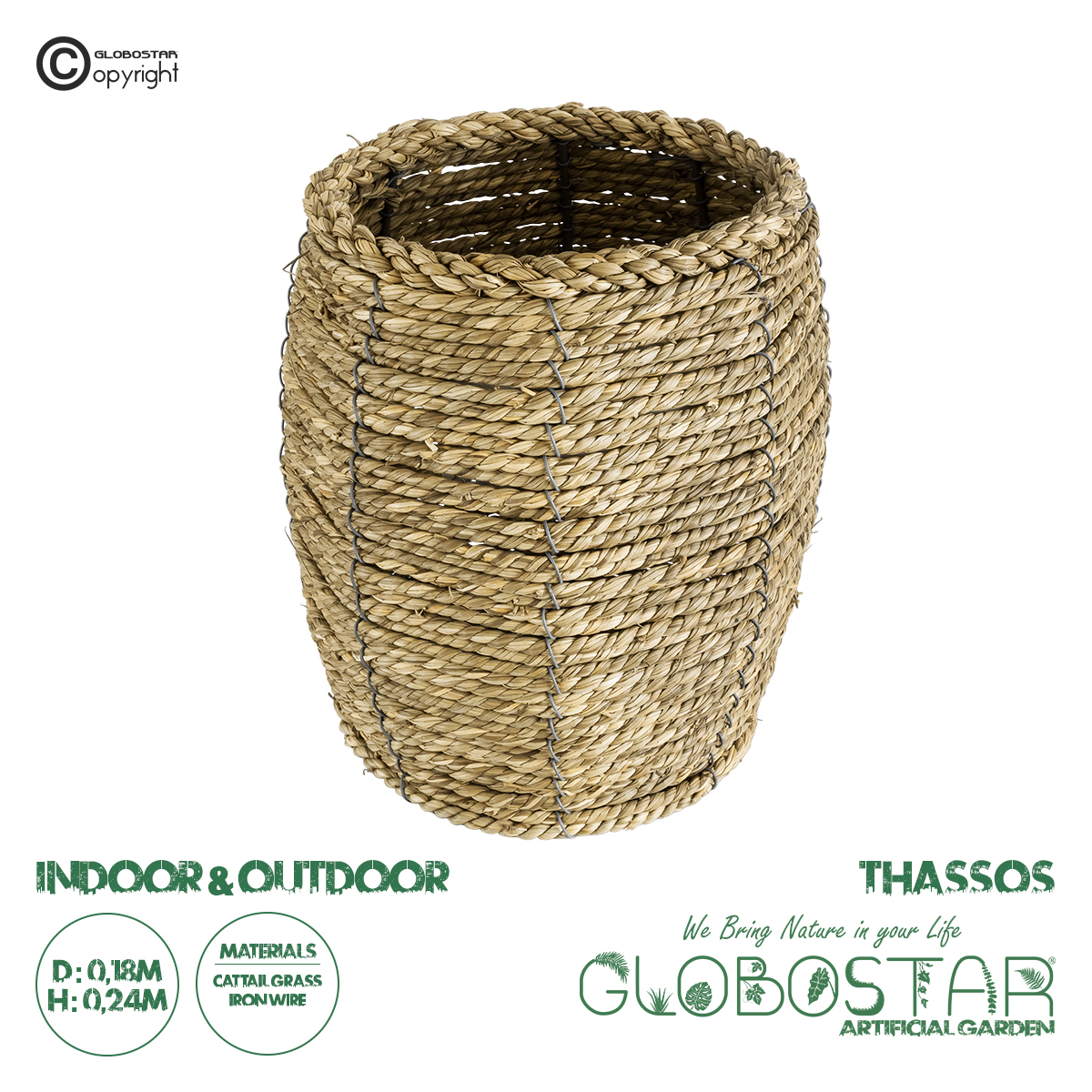20295_1 GloboStar® Artificial Garden THASSOS 20295 Διακοσμητικό Πλεκτό Καλάθι - Κασπώ Γλάστρα - Flower Pot Μπεζ Φ18 x Υ24cm - Image 1