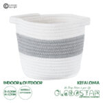 GloboStar® Artificial Garden KEFALONIA 20321 Διακοσμητικό Πλεκτό Καλάθι - Κασπώ Γλάστρα - Flower Pot Γκρι με Λευκό Φ20cm x Υ20cm
