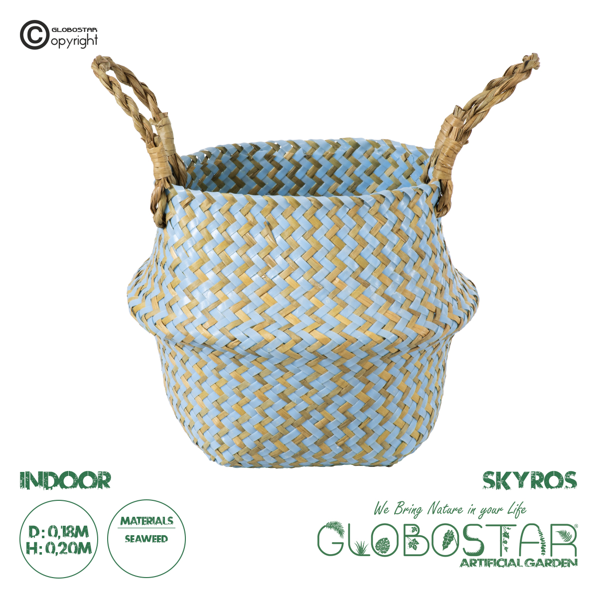 20340_01 GloboStar® Artificial Garden SKYROS 20340 Διακοσμητικό Ψάθινο Καλάθι - Κασπώ Γλάστρα - Flower Pot Μπλε με Καφέ Φ18cm x Υ20cm - Image 1