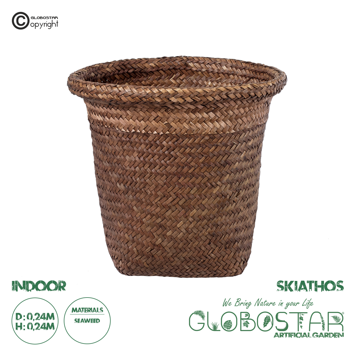 20345_01 GloboStar® Artificial Garden SKIATHOS 20345 Διακοσμητικό Ψάθινο Καλάθι - Κασπώ Γλάστρα - Flower Pot Καφέ Φ24cm x Υ24cm - Image 1