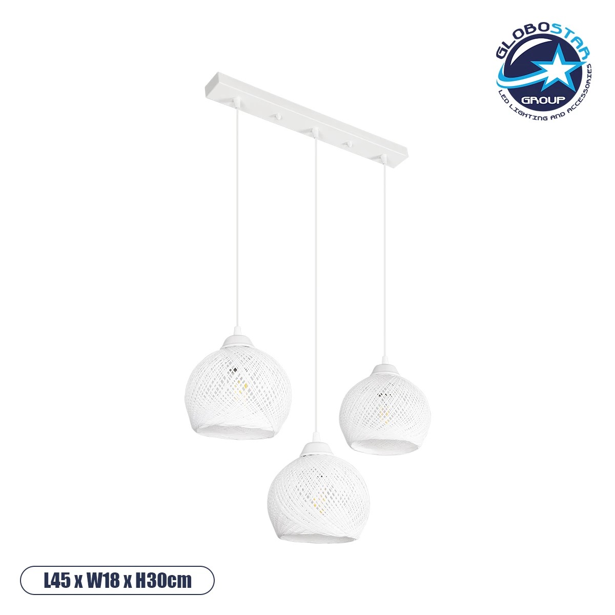 203_0027_1 GLOBOSTAR® YASAM 203-0027 Vintage Κρεμαστό Φωτιστικό Οροφής με Ντουί 3 x E27 AC 220-240V IP20 - Λευκό - Μ45 x Π18 x Υ30cm - Image 1