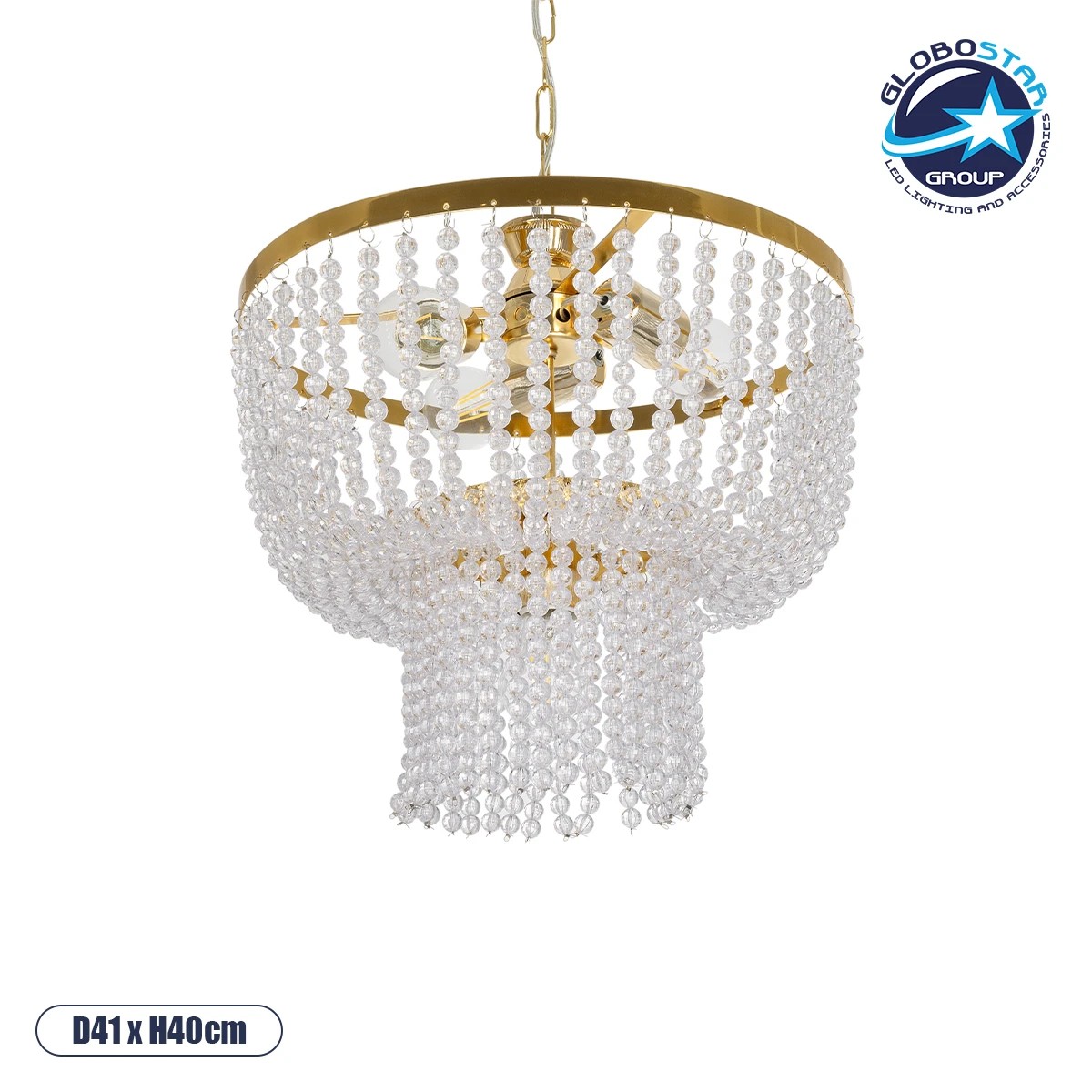 203_0028_1 GLOBOSTAR® CRYSTAL 203-0028 Κλασικό Κρεμαστό Φωτιστικό Οροφής με Ντουί 3 x E27 AC 220-240V IP20 - Χρυσό & Διάφανο - Μ41 x Π41 x Υ40cm - Image 1
