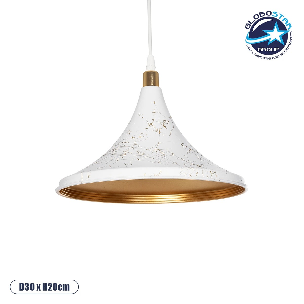 203_0098_1 GLOBOSTAR® MARBLE 203-0098 Μοντέρνο Κρεμαστό Φωτιστικό Οροφής με Ντουί 1 x E27 AC 220-240V IP20 - Λεύκο & Χρυσό - Μ30 x Π30 x Υ20cm - Image 1