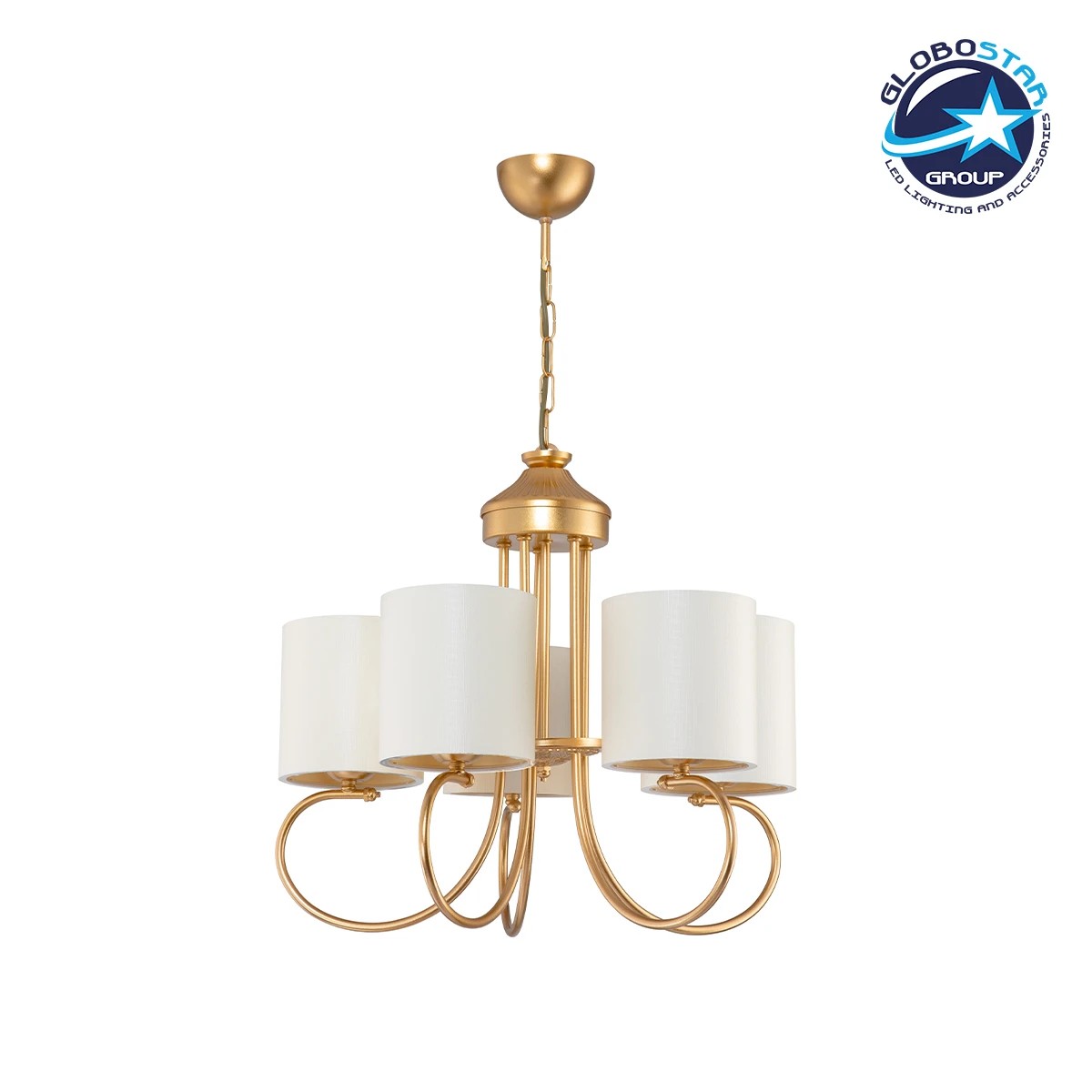 203_0254_1 GLOBOSTAR® TRITON 203-0254 Vintage Κρεμαστό Φωτιστικό Οροφής με Ντουί 5 x E27 AC 220-240V IP20 - Χρυσό & Μπεζ - Μ50 x Π50 x Υ48cm - Image 1