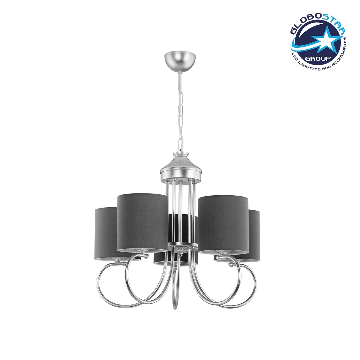 203_0255_1 GLOBOSTAR® TRITON 203-0255 Vintage Κρεμαστό Φωτιστικό Οροφής με Ντουί 5 x E27 AC 220-240V IP20 - Ασημί & Γκρι - Μ50 x Π50 x Υ48cm - Image 1