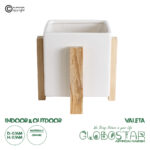 GloboStar® Artificial Garden VALETA 20541 Διακοσμητικό Κεραμικό Κασπώ Γλάστρα - Flower Pot Λευκό με Μπεζ Ξύλο Φ16 x Υ16cm