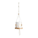GloboStar® Artificial Garden USBOA 20545 Κρεμαστό Διακοσμητικό Κεραμικό Κασπώ Γλάστρα - Flower Pot Λευκό με Χρυσές Λεπτομέρειες και Μπεζ Ξύλινη Βάση Φ10 x Υ40cm - Image 4