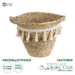 GloboStar® Artificial Garden SANTORINI 20572 Διακοσμητικό Πλεκτό Κασπώ Γλάστρα - Flower Pot Μπεζ με Λευκό Φ17 x Υ16cm