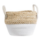 GloboStar® Artificial Garden SANTORINI 20576 Διακοσμητικό Πλεκτό Κασπώ Γλάστρα - Flower Pot Μπεζ με Λευκό Φ28 x Υ24cm - Image 4