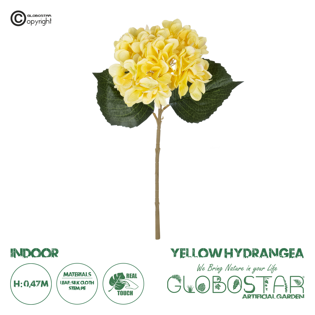 21176_1 GloboStar® Artificial Garden YELLOW HYDRANGEA BRANCH 21176 Τεχνητό Διακοσμητικό Κλαδί Ορτανσίας Κίτρινης Y47cm - Image 1
