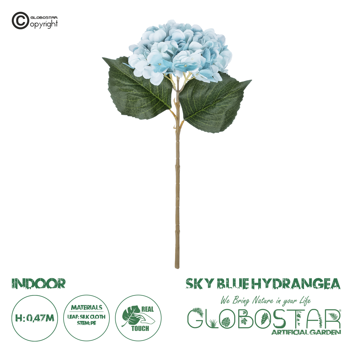 21177_1 GloboStar® Artificial Garden SKY BLUE HYDRANGEA BRANCH 21177 Τεχνητό Διακοσμητικό Κλαδί Ορτανσίας Γαλάζιο Y47cm - Image 1