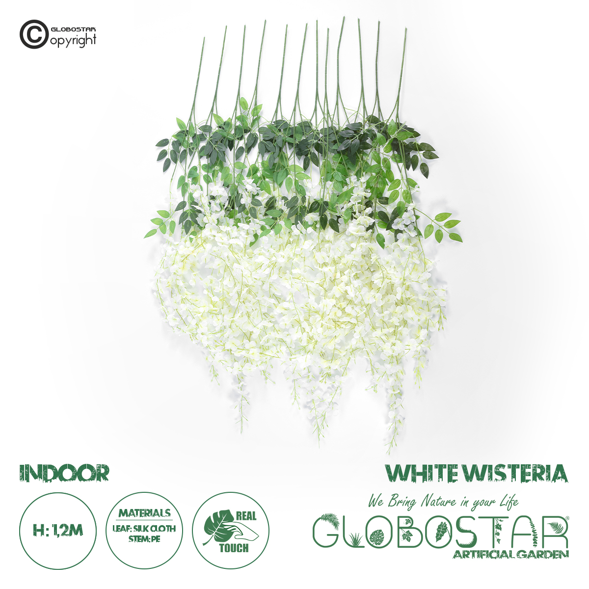 21513_1 GloboStar® Artificial Garden WHITE WISTERIA FLOWER BRANCH 21513 Σετ 12 Τεχνητά Διακοσμητικά κλαδιά Βιστέριας Λευκό Φ45 x Υ120cm - Image 1
