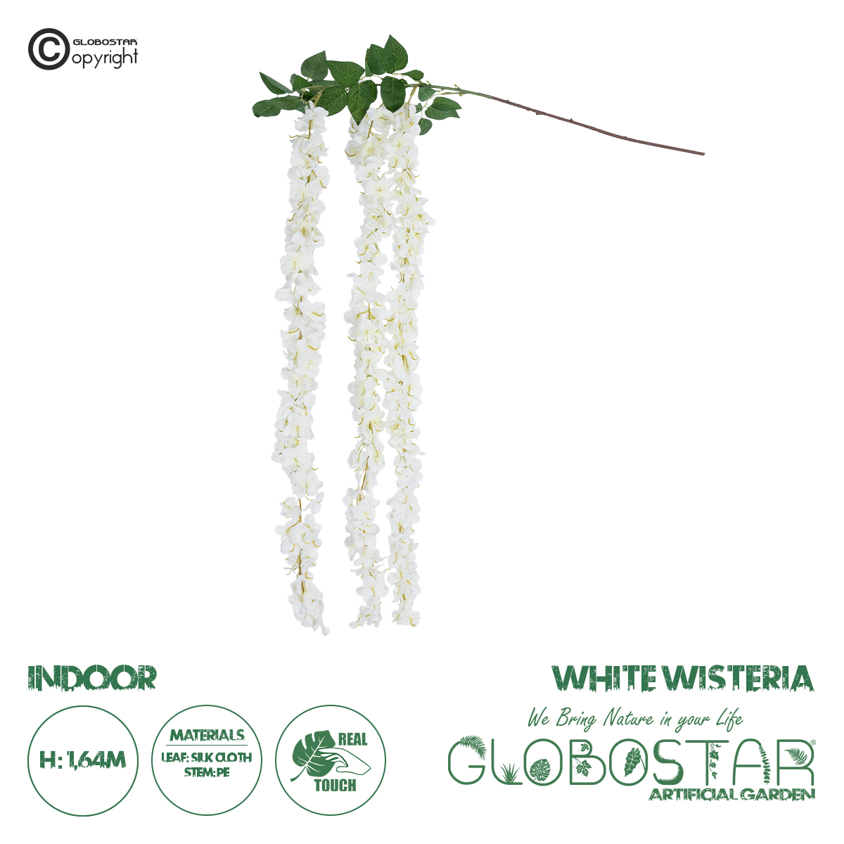 21516_1 GloboStar® Artificial Garden WHITE WISTERIA FLOWER BRANCH 21516 Τεχνητό Διακοσμητικό κλαδί Βιστέρια Λευκό Φ45 x Υ164cm - Image 1