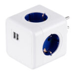 GloboStar® TRAVEL PowerCube PRO Certified 79638 Πολύπριζο 6 Θέσεων με 4 Πρίζες Ασφαλείας Childproof EU Schuko AC 220-240V & 2 Πρίζες USB Max 2.1A/DC 5V Μ7.5 x Π11.5 x Υ7.5 - Λευκό με Μπλε - Max Load 3680W/16A - Image 2