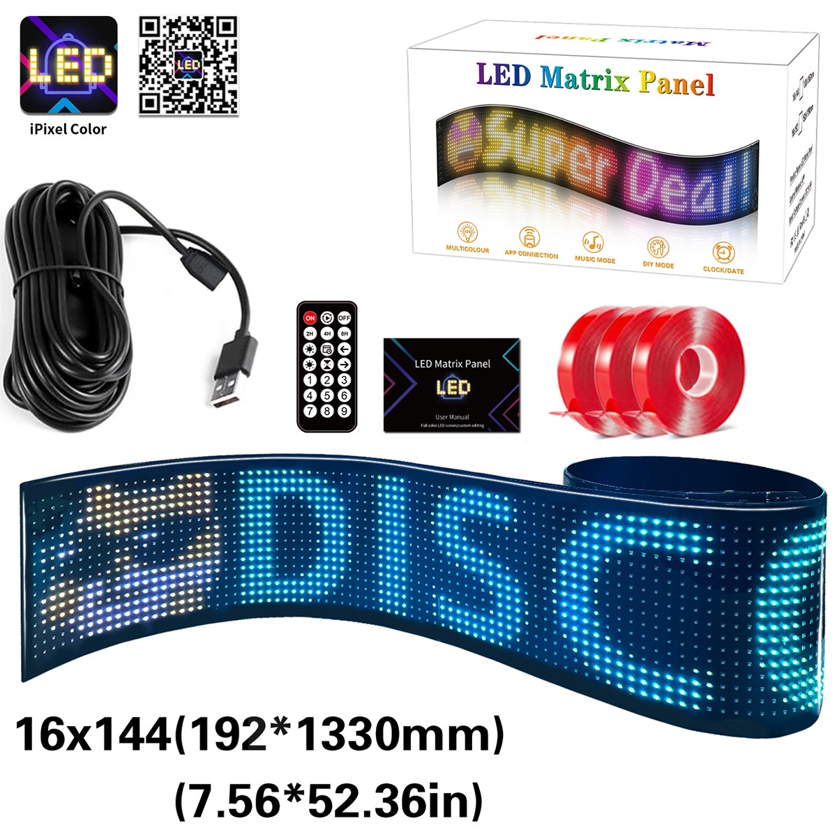 245e23_glb_106_0004_1 GLOBOSTAR® MATRIX GLB-106-0004 Εύκαμπτη Κυλιόμενη Ψηφιακή Επιγραφή 133x19.2cm P9 144x16 Pixel LED 10W DC 5V 2A με USB 2.0 Αδιάβροχο IP65 Πολύχρωμο RGB - Bluetooth Control μέσω iPIXEL APP - Μ133 x Π0.4 x Υ19.2cm - 2 Χρόνια Εγγύηση - Image 1