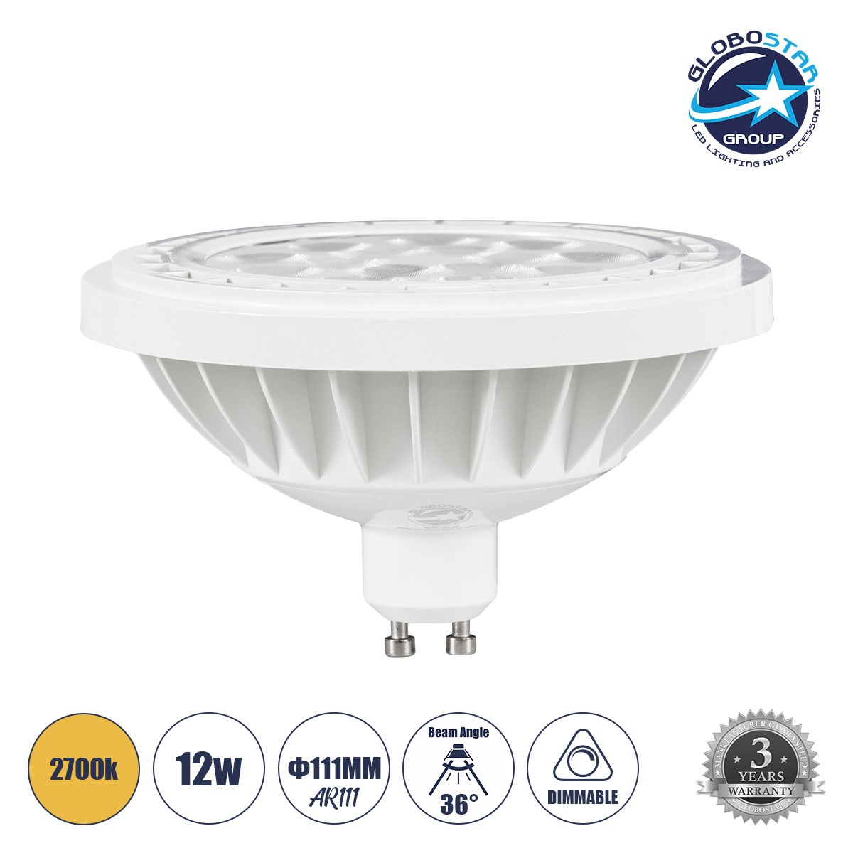 2dfca6_60130_1 GLOBOSTAR® SPOTAR 60131 Σποτ GU10 AR111 LED 12W 1128lm 36° AC 220-240V IP20 Θερμό Λευκό 2700K Dimmable - Μ11 x Π11 x Υ6.6cm - 3 Χρόνια Εγγύηση - Image 1