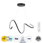 GLOBOSTAR® SPIRALE 61283 Μοντέρνο Κρεμαστό Φωτιστικό Οροφής LED 75W 8400lm 300° AC 220-240V IP20 Ρυθμιζόμενο Λευκό CCT με Χειριστήριο από 2700K έως 6000K Dimmable - Lumileds SMD Chip - Μαύρο Ματ - Μ72 x Π25 x Υ30cm - 3 Χρόνια Εγγύηση - Image 2