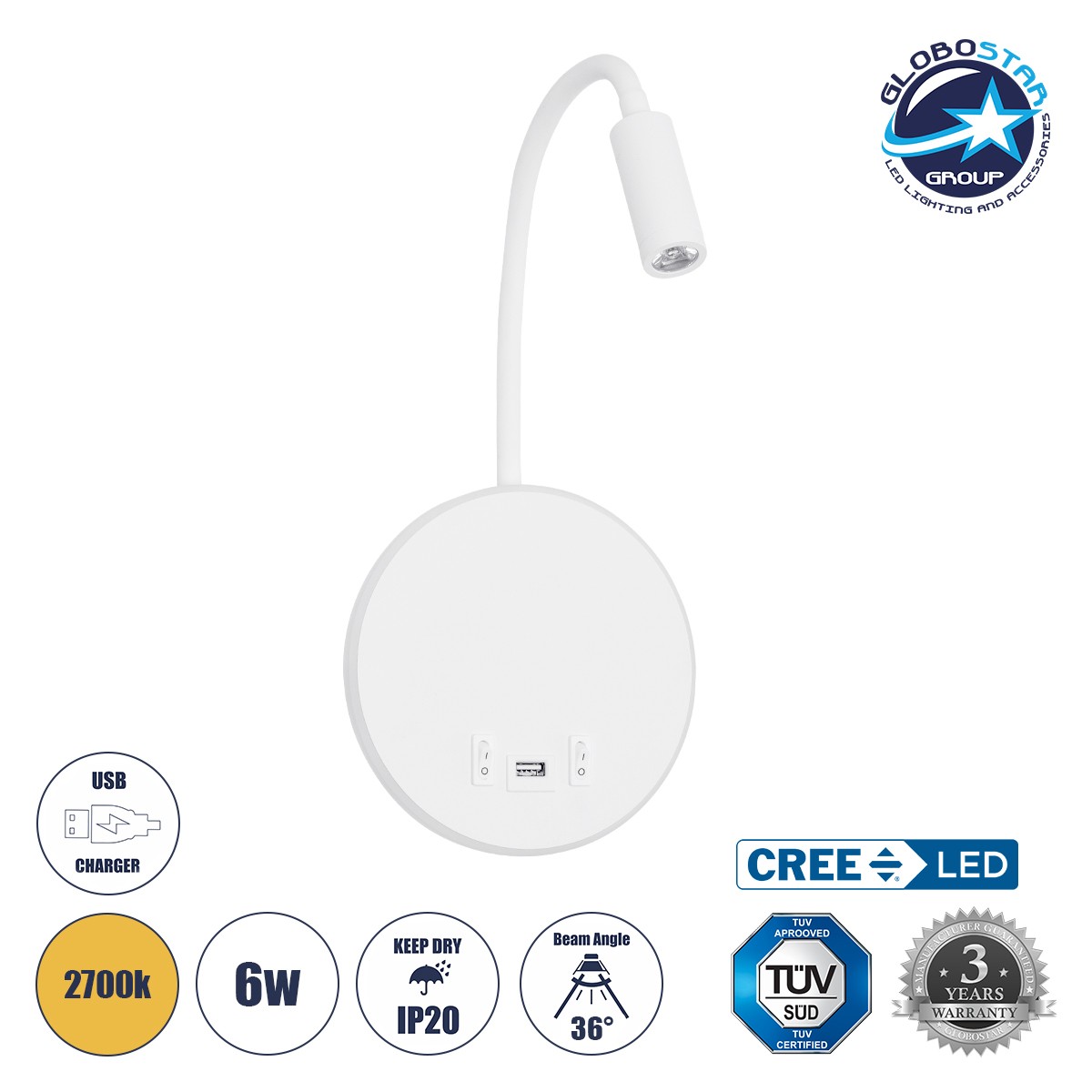 38aa73_61693_1 GLOBOSTAR® GOOSE 61693 Μοντέρνο Φωτιστικό Τοίχου - Απλίκα Ξενοδοχείου Reading Light με Φορτιστή USB 3A LED 6W 600lm 36° & 360° AC 220-240V IP20 Θερμό Λευκό 2700K - CREE XPE & Lumileds SMD Chip - Λευκό Ματ - Μ15.5 x Π15 x Υ30.5cm - 3 Χρόνια Εγγύηση - Image 1