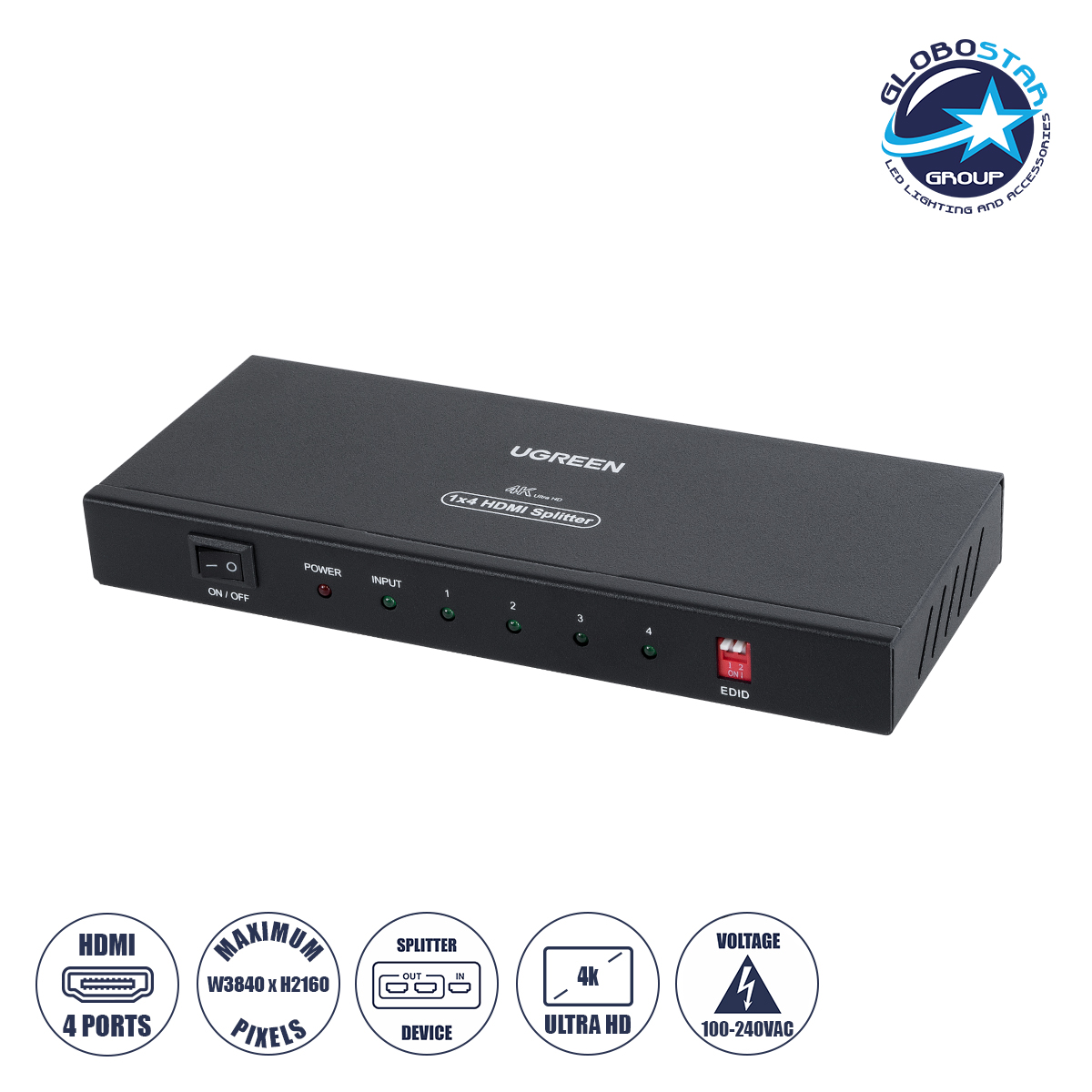 41019_01 GLOBOSTAR® UGREEN-1x4 41019 Ugreen 1x4 All in One 4K HDMI Signal Splitter για LED Video Controllers - Input Signal W3840 x H2160@60Hz - Είσοδος 1 HDMI σε Έξοδο 4 HDMI - AC 220-240V IP20 - Μ17.7 x Π7.5 x Υ2cm - 2 Χρόνια Εγγύηση - Image 1