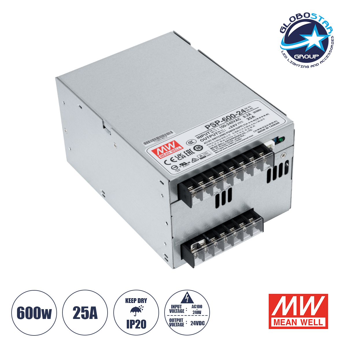 490a1a_90791_1 GLOBOSTAR® MEANWELL-PSP600-24 90791 Τροφοδοτικό/Μετασχηματιστής Class I PELV 600W 25A AC 220-240V σε DC 24V IP20 - Ρυθμιζόμενo από DC 20V έως DC 26.4V - Ασημί - Μ17 x Π12 x Υ9.3cm - 3 Χρόνια Εγγύηση - Image 1