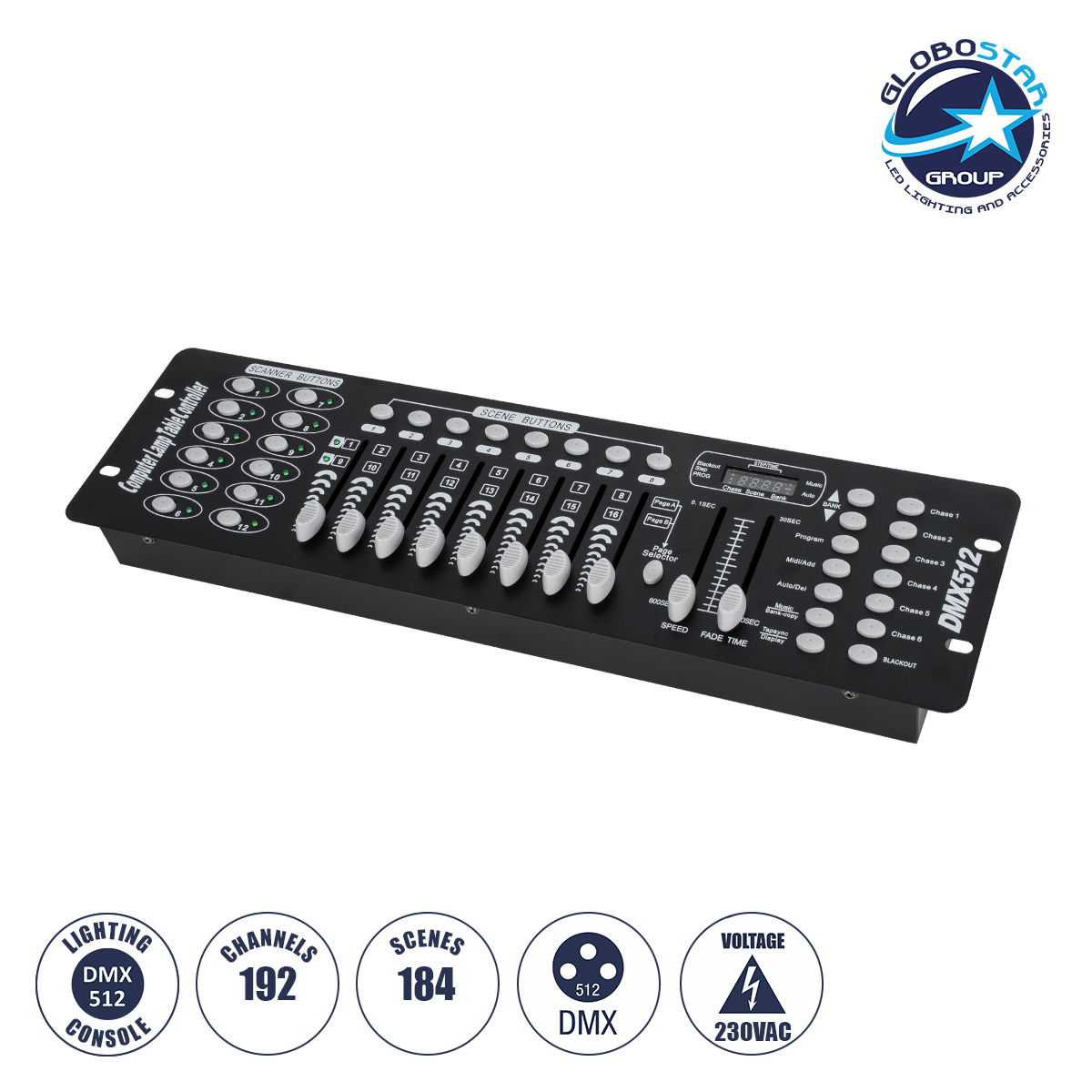 49767_1 GLOBOSTAR® DMXCONSOLE 73493 DMX Master Κονσόλα Φωτισμού με 192 Κανάλια AC 220-240V IP20 - DMX512 - Μ48 x Π13.5 x Υ7cm - 2 Χρόνια Εγγύηση - Image 1