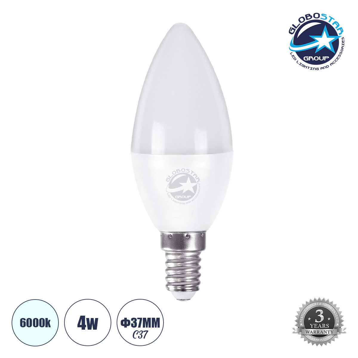 60000_1 GLOBOSTAR® CANDLE 60000 Λάμπα Κεράκι E14 C37 LED 4W 400lm 260° AC 220-240V IP20 Ψυχρό Λευκό 6000K - Lumileds SMD Chip - Λευκό Γαλακτερό - Μ3.7 x Π3.7 x Υ10cm - 3 Χρόνια Εγγύηση - Image 1