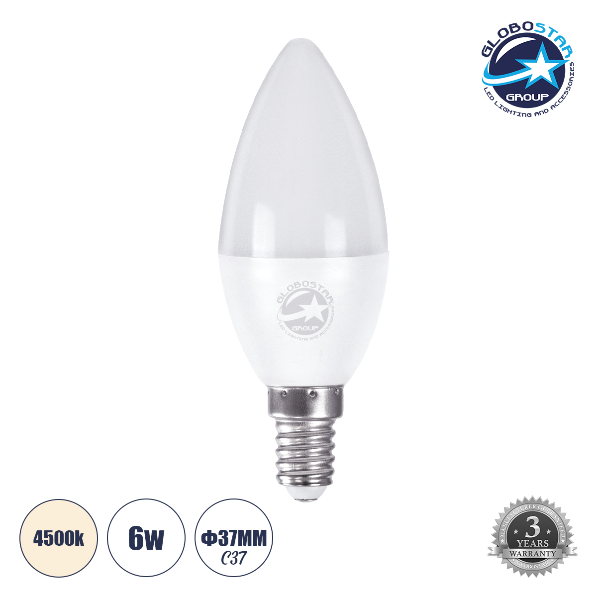 60004_1 GLOBOSTAR® CANDLE 60004 Λάμπα Κεράκι E14 C37 LED 6W 582lm 260° AC 220-240V IP20 Φυσικό Λευκό 4500K - Lumileds SMD Chip - Λευκό Γαλακτερό - Μ3.7 x Π3.7 x Υ10cm - 3 Χρόνια Εγγύηση - Image 1