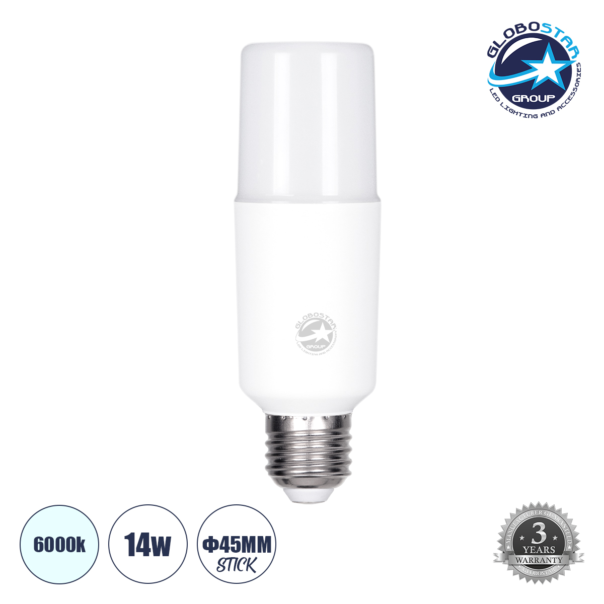 60057_01 GLOBOSTAR® STICK 60057 Λάμπα E27 LED 14W 1624lm 260° AC 220-240V Αδιάβροχο IP54 Ψυχρό Λευκό 6000K - Lumileds SMD Chip - Λευκό Γαλακτερό - Μ4.5 x Π4.5 x Υ13.7cm - 3 Χρόνια Εγγύηση - Image 1
