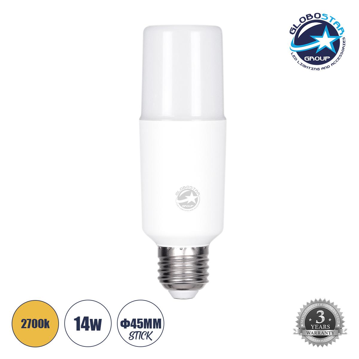 60059_01 GLOBOSTAR® STICK 60059 Λάμπα E27 LED 14W 1540lm 260° AC 220-240V Αδιάβροχο IP54 Θερμό Λευκό 2700K - Lumileds SMD Chip - Λευκό Γαλακτερό - Μ4.5 x Π4.5 x Υ13.7cm - 3 Χρόνια Εγγύηση - Image 1