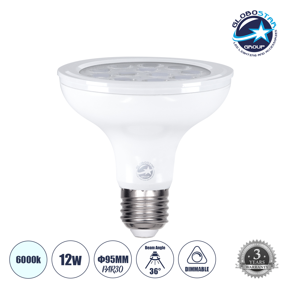 60090_01 GLOBOSTAR® SPOTPAR 60090 Σποτ E27 PAR30 LED 12W 1200lm 36° AC 220-240V IP20 Ψυχρό Λευκό 6000K Dimmable - Μ9.5 x Π9.5 x Υ9.5cm - 3 Χρόνια Εγγύηση - Image 1