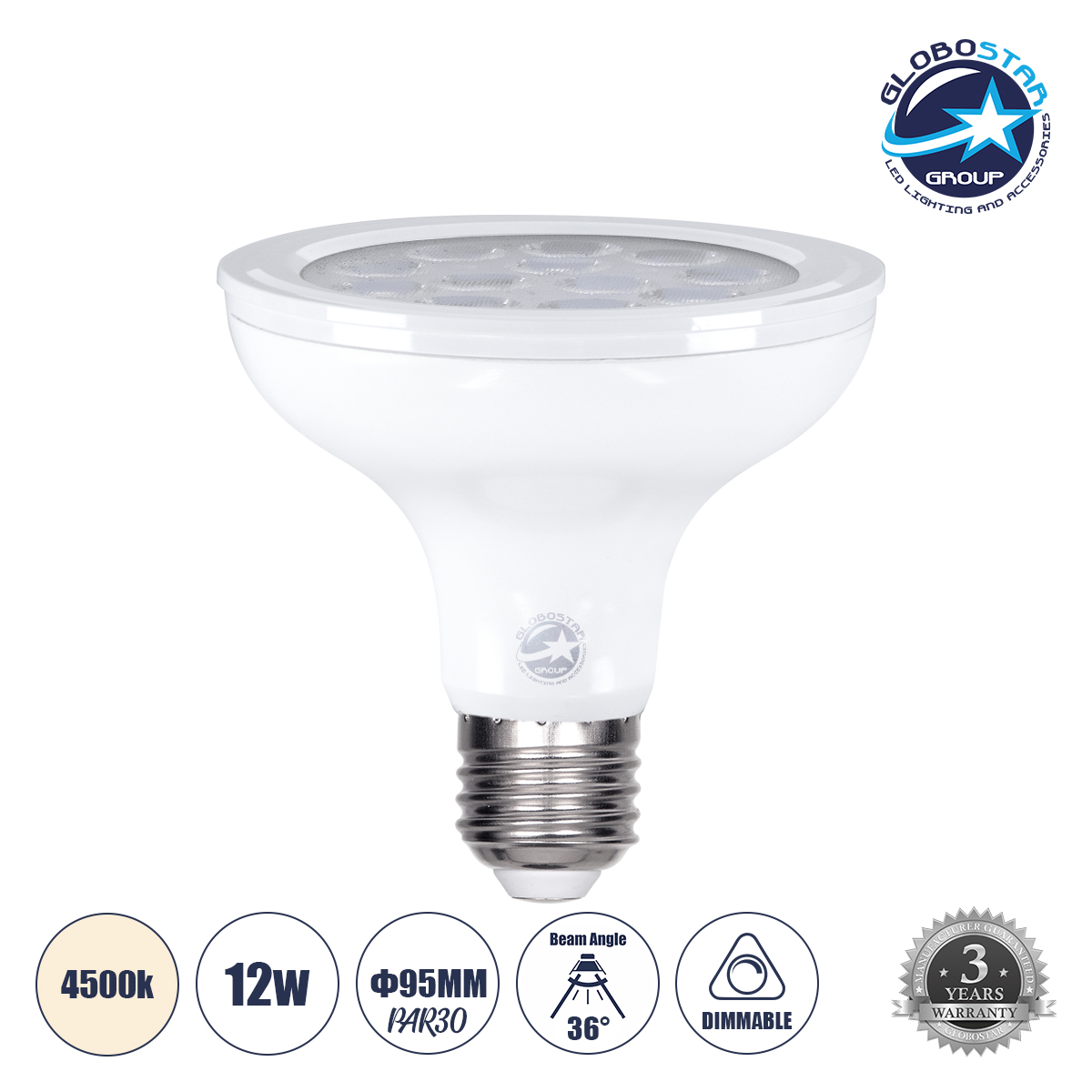60091_01 GLOBOSTAR® SPOTPAR 60091 Σποτ E27 PAR30 LED 12W 1164lm 36° AC 220-240V IP20 Φυσικό Λευκό 4500K Dimmable - Μ9.5 x Π9.5 x Υ9.5cm - 3 Χρόνια Εγγύηση - Image 1
