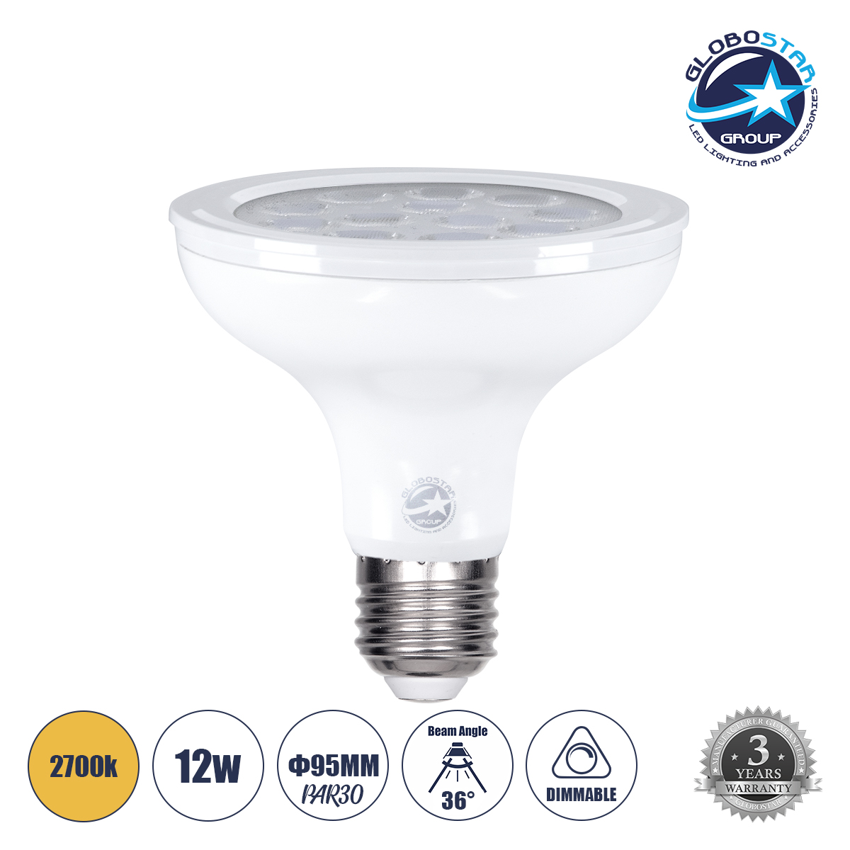 60092_01 GLOBOSTAR® SPOTPAR 60092 Σποτ E27 PAR30 LED 12W 1128lm 36° AC 220-240V IP20 Θερμό Λευκό 2700K Dimmable - Μ9.5 x Π9.5 x Υ9.5cm - 3 Χρόνια Εγγύηση - Image 1