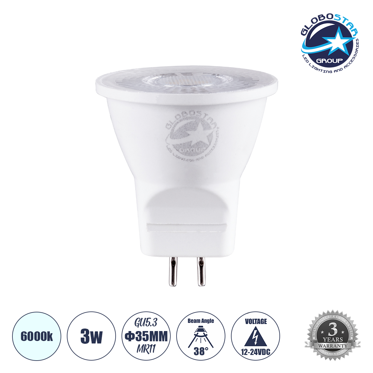 60108_1 GLOBOSTAR® TINO 60108 Σποτ GU5.3 MR11 LED 3W 330lm 38° DC 12-24V IP20 Ψυχρό Λευκό 6000K - Bridgelux SMD Chip - Μ3.5 x Π3.5 x Υ3.5cm - 3 Χρόνια Εγγύηση - Image 1