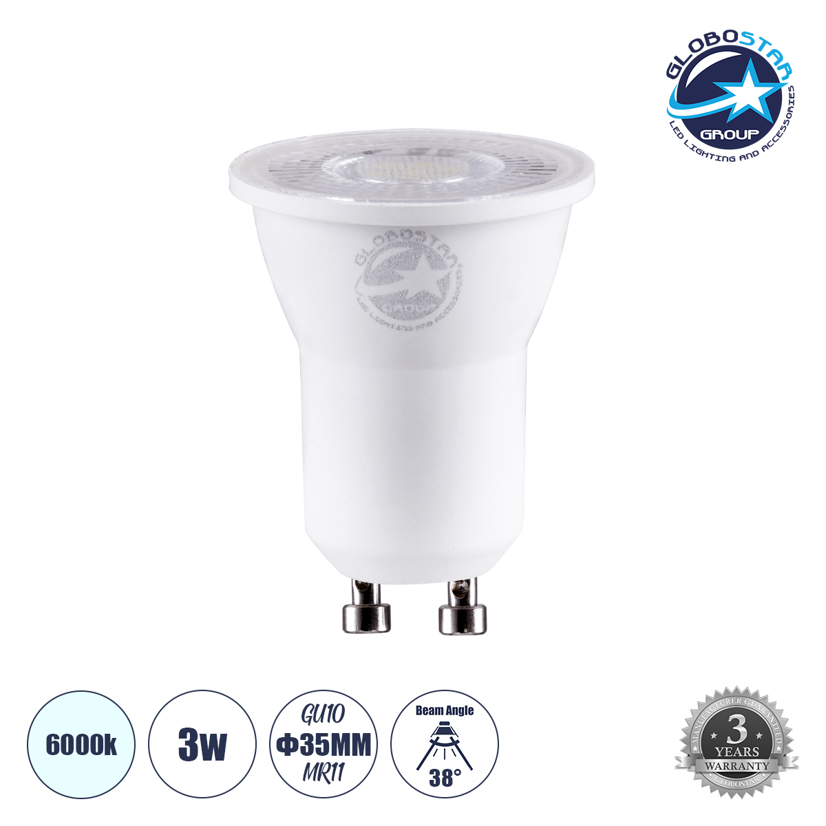 60111_1 GLOBOSTAR® TINO 60111 Σποτ GU10 MR11 LED 3W 330lm 38° AC 220-240V IP20 Ψυχρό Λευκό 6000K - Bridgelux SMD Chip - Μ3.5 x Π3.5 x Υ4cm - 3 Χρόνια Εγγύηση - Image 1