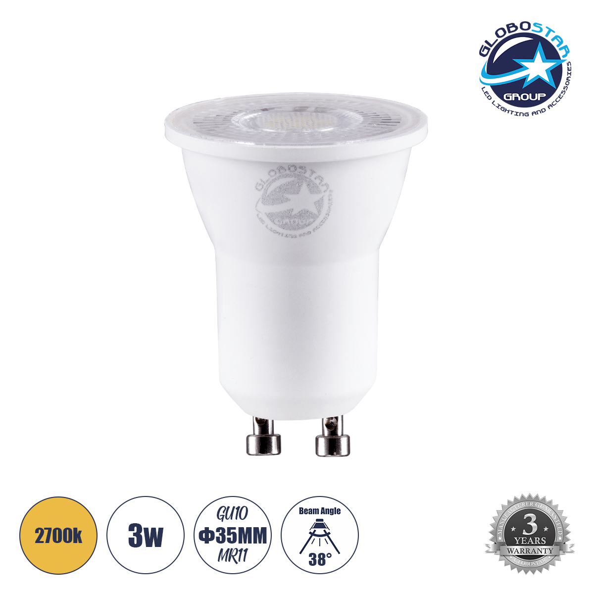 60113_1 GLOBOSTAR® TINO 60113 Σποτ GU10 MR11 LED 3W 300lm 38° AC 220-240V IP20 Θερμό Λευκό 2700K - Bridgelux SMD Chip - Μ3.5 x Π3.5 x Υ4cm - 3 Χρόνια Εγγύηση - Image 1