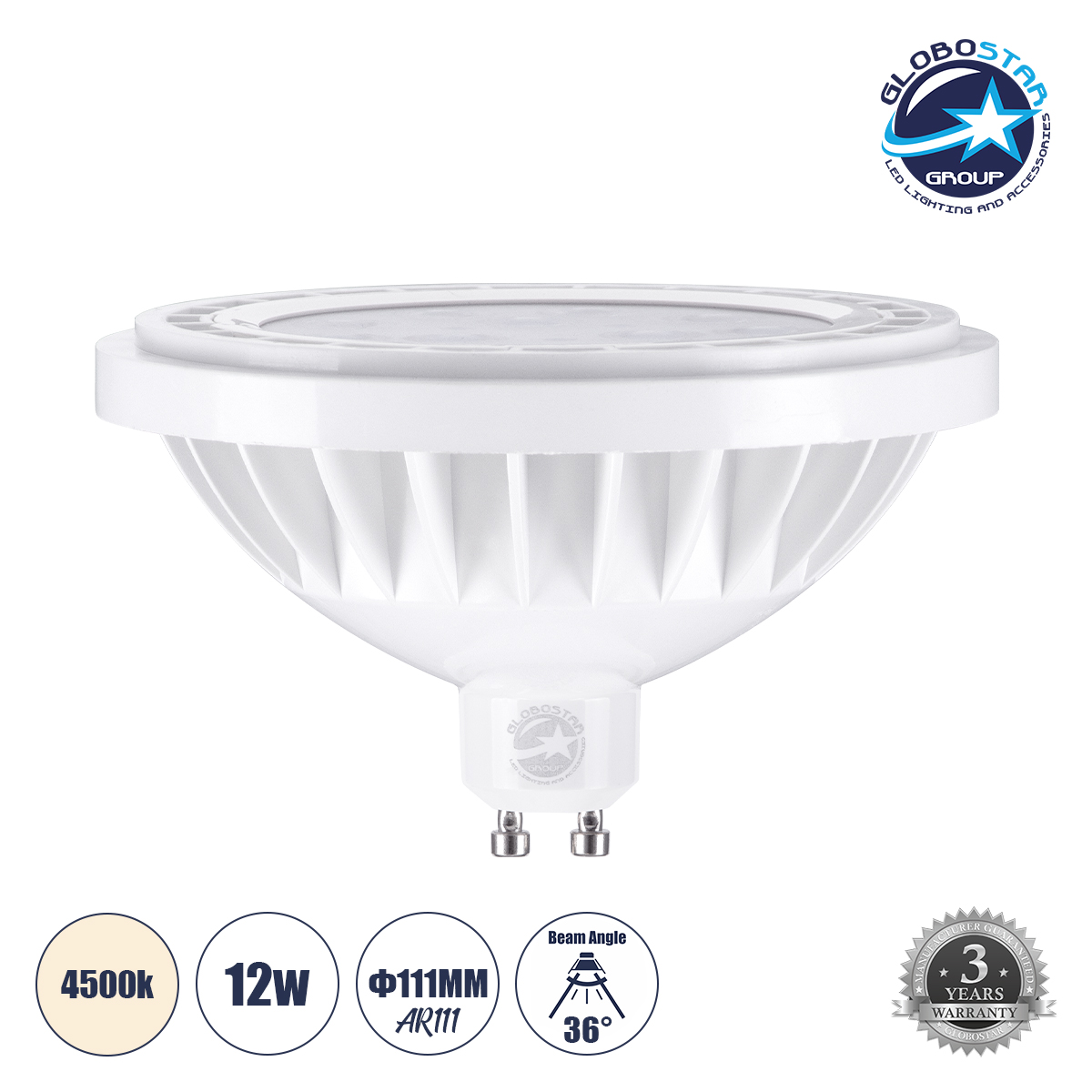 60124_01 GLOBOSTAR® SPOTAR 60124 Σποτ GU10 AR111 LED 12W 1164lm 36° AC 220-240V IP20 Φυσικό Λευκό 4500K - Lumileds SMD Chip - Μ11 x Π11 x Υ6.6cm - 3 Χρόνια Εγγύηση - Image 1