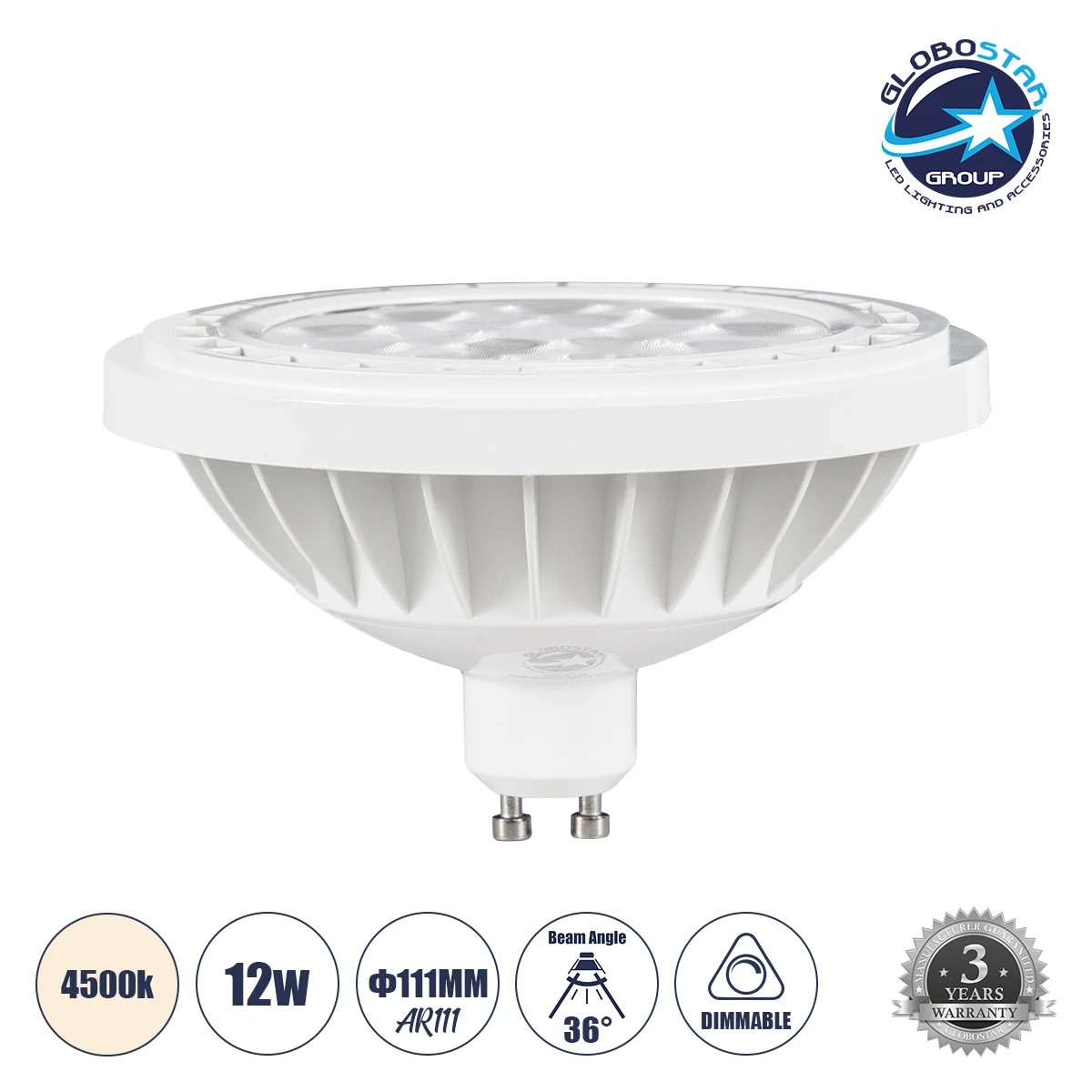 60130_1 GLOBOSTAR® SPOTAR 60130 Σποτ GU10 AR111 LED 12W 1164lm 36° AC 220-240V IP20 Φυσικό Λευκό 4500K Dimmable - Μ11 x Π11 x Υ6.6cm - 3 Χρόνια Εγγύηση - Image 1