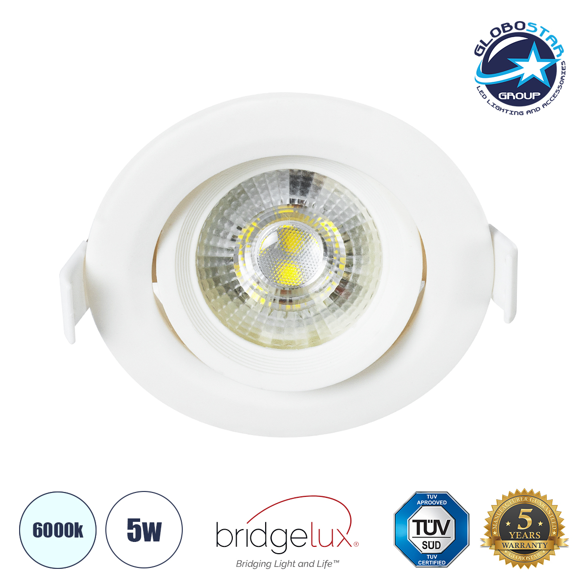 60182_01 GLOBOSTAR® DE VALERA 60182 Χωνευτό Κινούμενο Downlight Σποτ LED 5W 500lm 60° AC 220-240V IP20 Ψυχρό Λευκό 6000K - Bridgelux SMD Chip & TÜV SÜD Driver - Λευκό Ματ - Μ9 x Π9 x Υ4cm / Q8cm - 3 Χρόνια Εγγύηση - Image 1