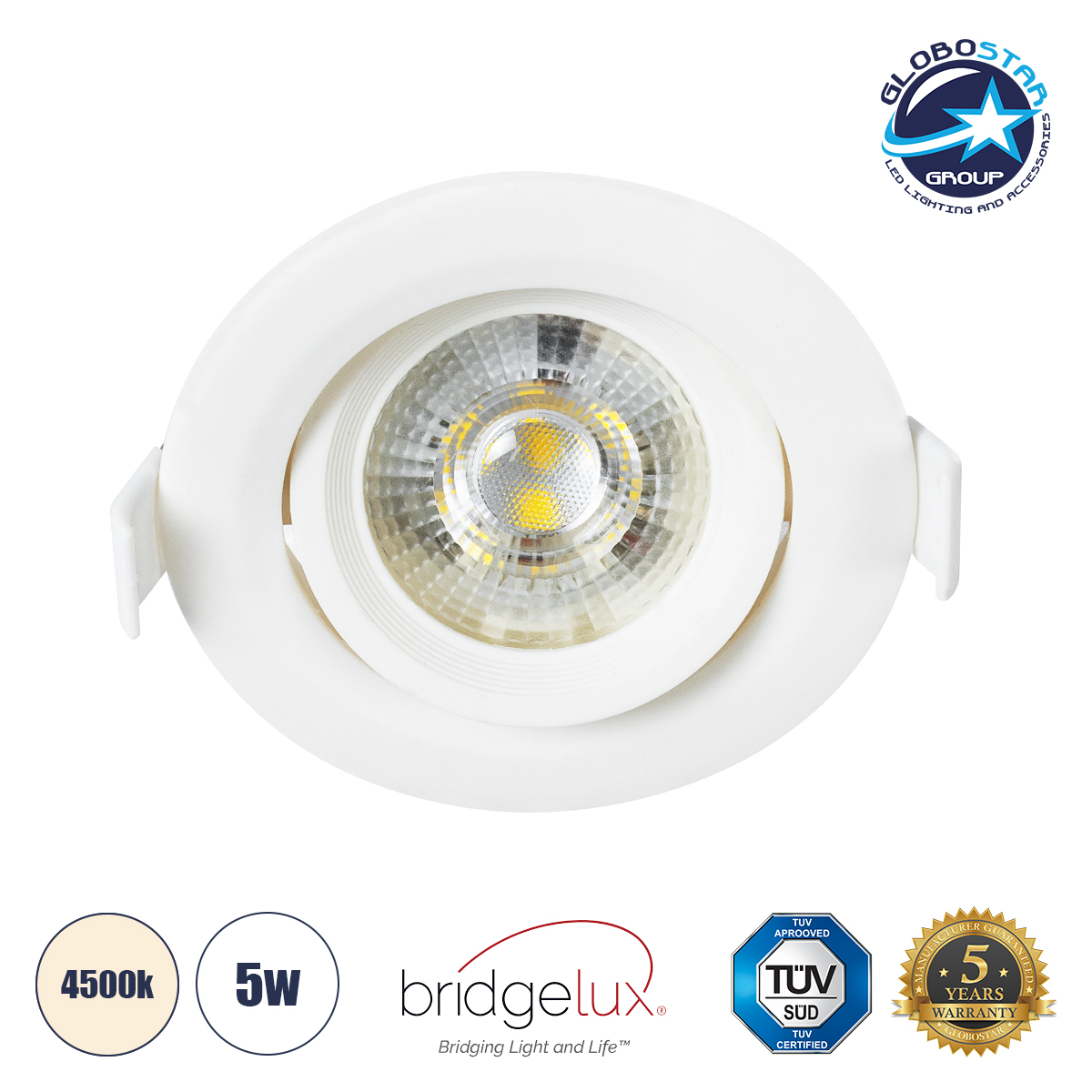 60183_01 GLOBOSTAR® DE VALERA 60183 Χωνευτό Κινούμενο Downlight Σποτ LED 5W 485lm 60° AC 220-240V IP20 Φυσικό Λευκό 4500K - Bridgelux SMD Chip & TÜV SÜD Driver - Λευκό Ματ - Μ9 x Π9 x Υ4cm / Q8cm - 3 Χρόνια Εγγύηση - Image 1