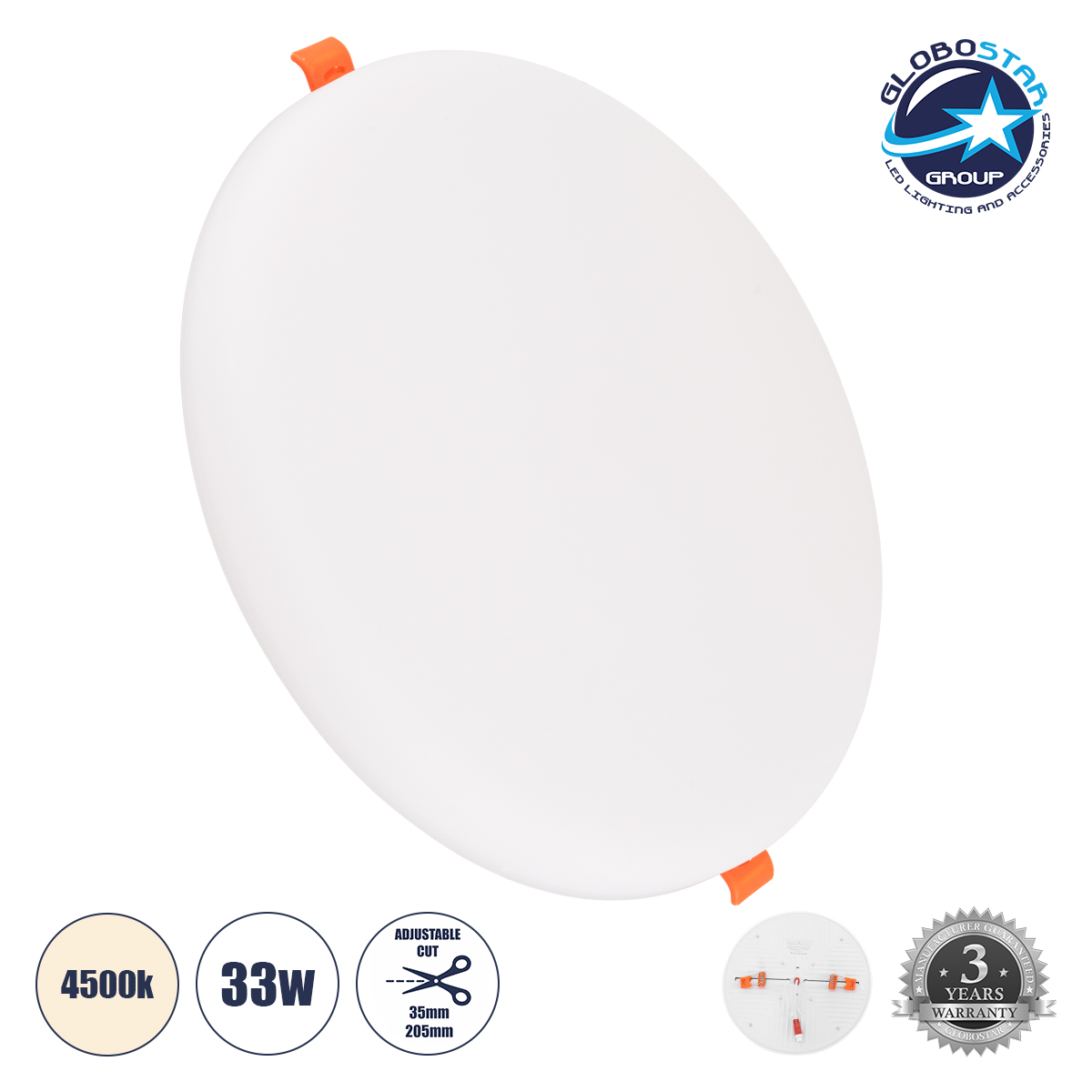 60192_01 GLOBOSTAR® PANELEON 60192 Χωνευτό Panel Οροφής με Σύστημα Ρυθμιζόμενης Τρύπας Κοπής LED 33W 3492lm 180° AC 220-240V IP20 Φυσικό Λευκό 4500K - Lumileds SMD Chip & TÜV SÜD Driver - Λευκό Γαλακτερό - Μ22.2 x Π22.2 x Υ2cm / Q3.5cm έως Q20.5cm - 3 Χρόνια Εγγύηση - Image 1