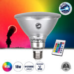 GLOBOSTAR® GARDENPAR 60233 Σποτ E27 PAR38 Σκληρού Υάλου με IR Ασύρματο Χειριστήριο LED 18W 900lm 60° AC 220-240V Αδιάβροχο IP65 Πολύχρωμο RGB Dimmable - Μ12 x Π12 x Υ13cm - 3 Χρόνια Εγγύηση