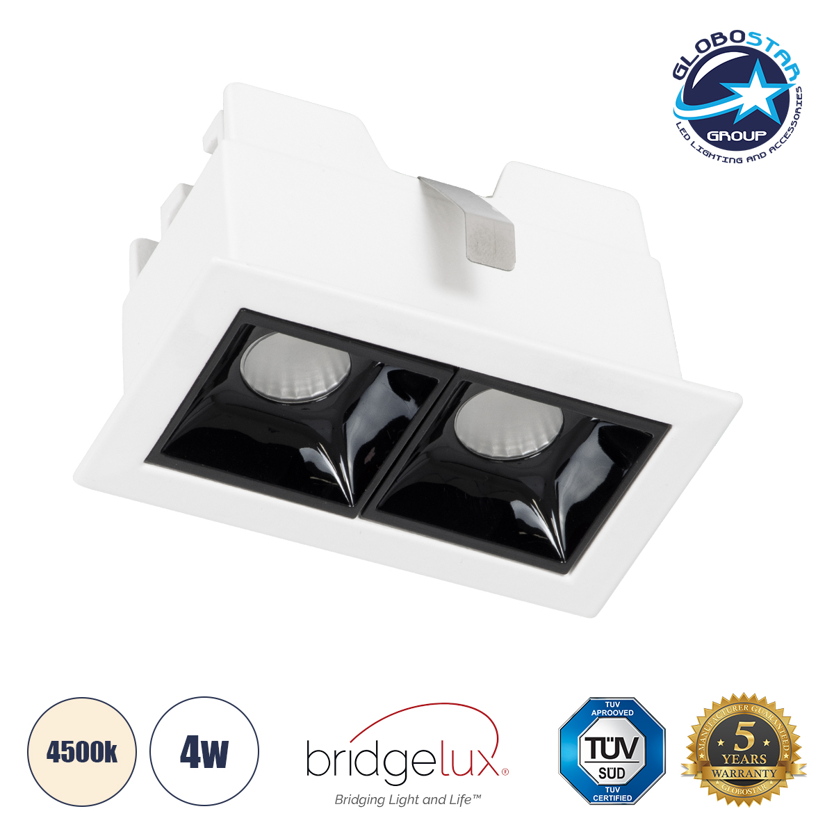 60316_1 GLOBOSTAR® LUMINAR 60316 Χωνευτό Downlight Σποτ LED 4W 560lm 36° AC 220-240V IP20 Φυσικό Λευκό 4500K - Osram SMD Chip & TÜV SÜD Driver - Λευκό & Μαύρο Ματ - Μ7.5 x Π4.3 x Υ4.5cm / Q6.5 x 3.5cm - 5 Χρόνια Εγγύηση - Image 1