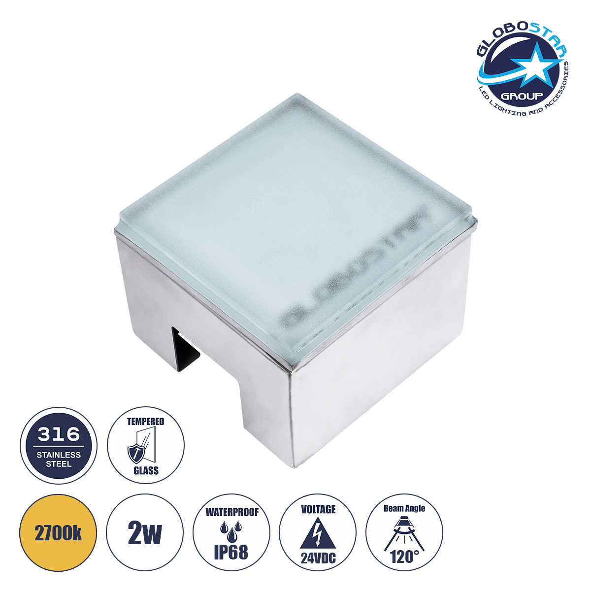60365_1 GLOBOSTAR® CYBOLITHOS 60365 Χωνευτό Αρχιτεκτονικο Φωτιστικό Σποτ Δαπέδου LED 2W 220lm 120° DC 24V Αδιάβροχο IP68 IK06 Θερμό Λευκό 2700K Dimmable - Bridgelux SMD Chip - Γαλακτερό Tempered Glass & Ανοξείδωτο Ατσάλι SS316 - Μ10 x Π10x Υ8cm / Q10 x 10cm - 3 Χρόνια Εγγύηση - Image 1