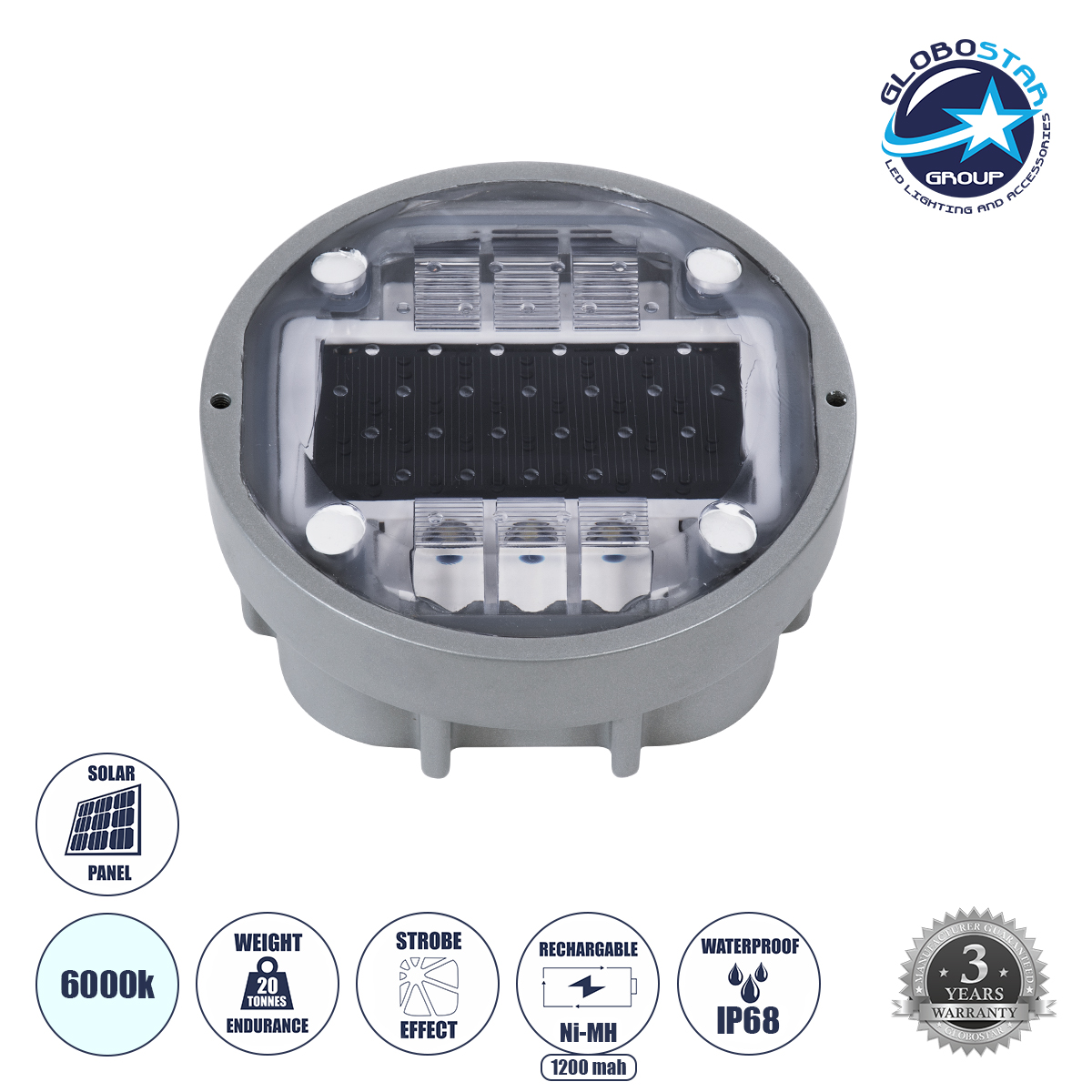 60367_01 GloboStar® ROADER 60367 Professional LED Strobe Αυτόνομος Ηλιακός Χωνευτός Ανακλαστήρας Οδοστρώματος με Ενσωματωμένο Φωτοβολταϊκό Panel 2.5V 220mA & Επαναφορτιζόμενη Μπαταρία Ni-MH 1.2V 1200mAh - Αδιάβροχο IP68 - Ψυχρό Λευκό 6000K - Max Pass Load 20 Τόνοι - Φ12.5 x Υ7.7cm - 3 Years Warranty - Image 1