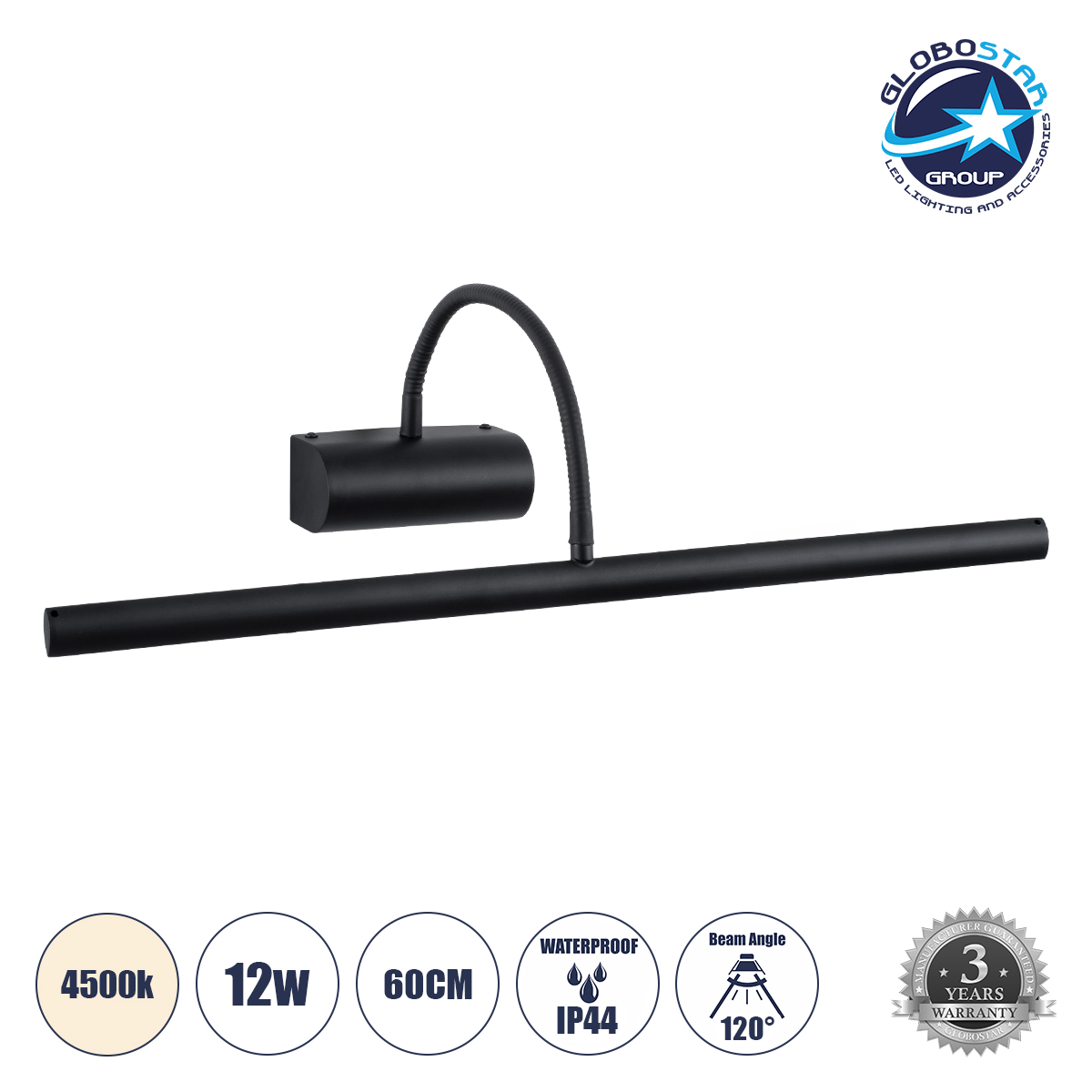 60436_1 GLOBOSTAR® TROIS 60436 Μοντέρνο Φωτιστικό Τοίχου - Απλίκα Καθρέπτη Μπάνιου LED 12W 1400lm 120° AC 220-240V IP44 Φυσικό Λευκό 4500K - Lumileds SMD Chip & TÜV SÜD Driver - Μαύρο Ματ - Μ60 x Π24 x Υ18cm - 3 Χρόνια Εγγύηση - Image 1