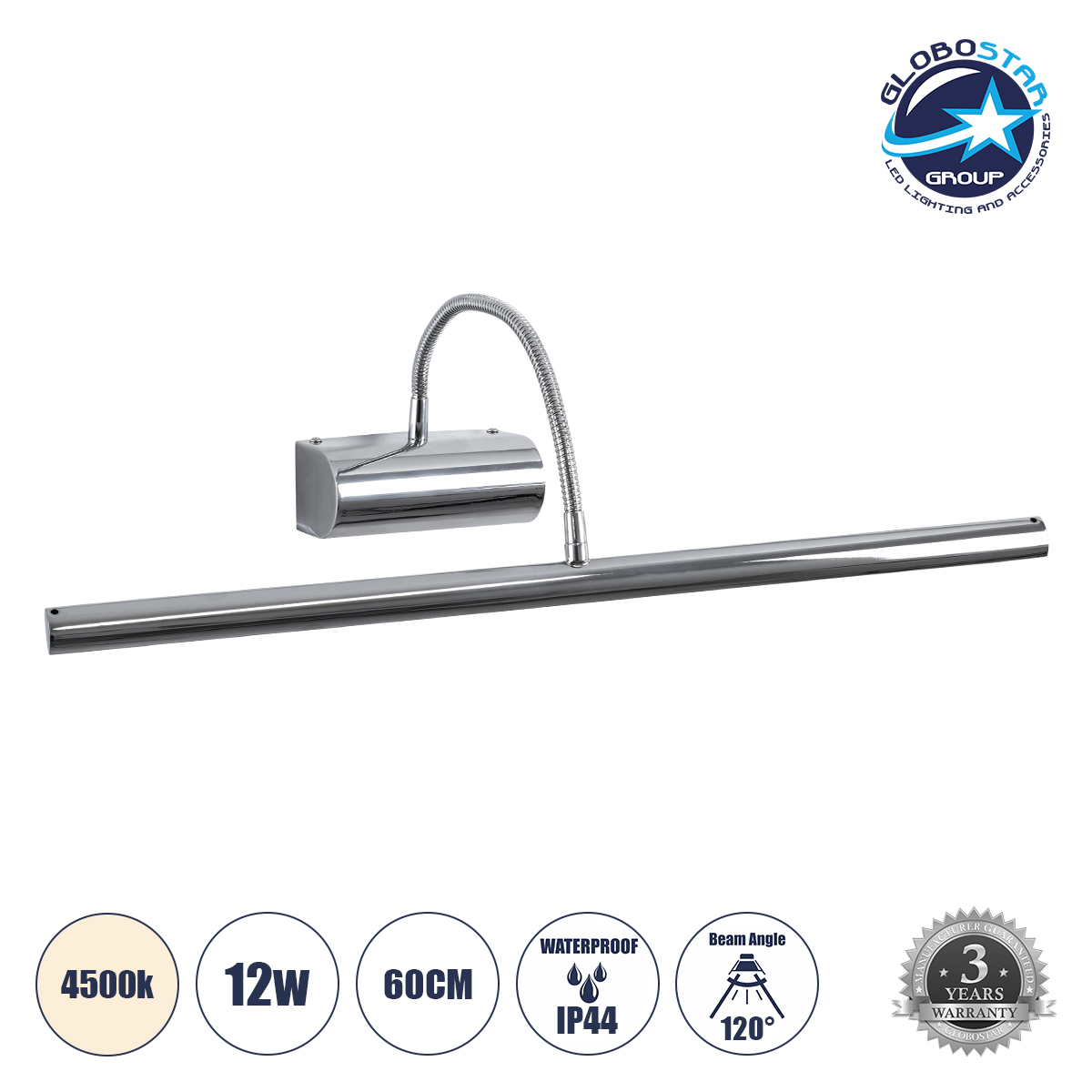 60438_1 GLOBOSTAR® TROIS 60438 Μοντέρνο Φωτιστικό Τοίχου - Απλίκα Καθρέπτη Μπάνιου LED 12W 1400lm 120° AC 220-240V IP44 Φυσικό Λευκό 4500K - Lumileds SMD Chip & TÜV SÜD Driver - Νίκελ Χρώμιο - Μ60 x Π24 x Υ18cm - 3 Χρόνια Εγγύηση - Image 1
