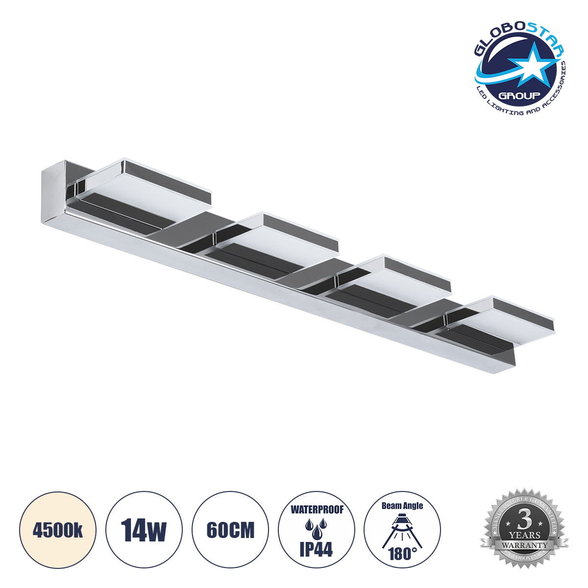 60456_1 GLOBOSTAR® KARLA 60456 Μοντέρνο Φωτιστικό Τοίχου - Απλίκα Καθρέπτη Μπάνιου LED 14W 1600lm 180° AC 220-240V IP44 Φυσικό Λευκό 4500K - Lumileds SMD Chip & TÜV SÜD Driver - Νίκελ Χρώμιο - Μ60 x Π9 x Υ5cm - 3 Χρόνια Εγγύηση - Image 1