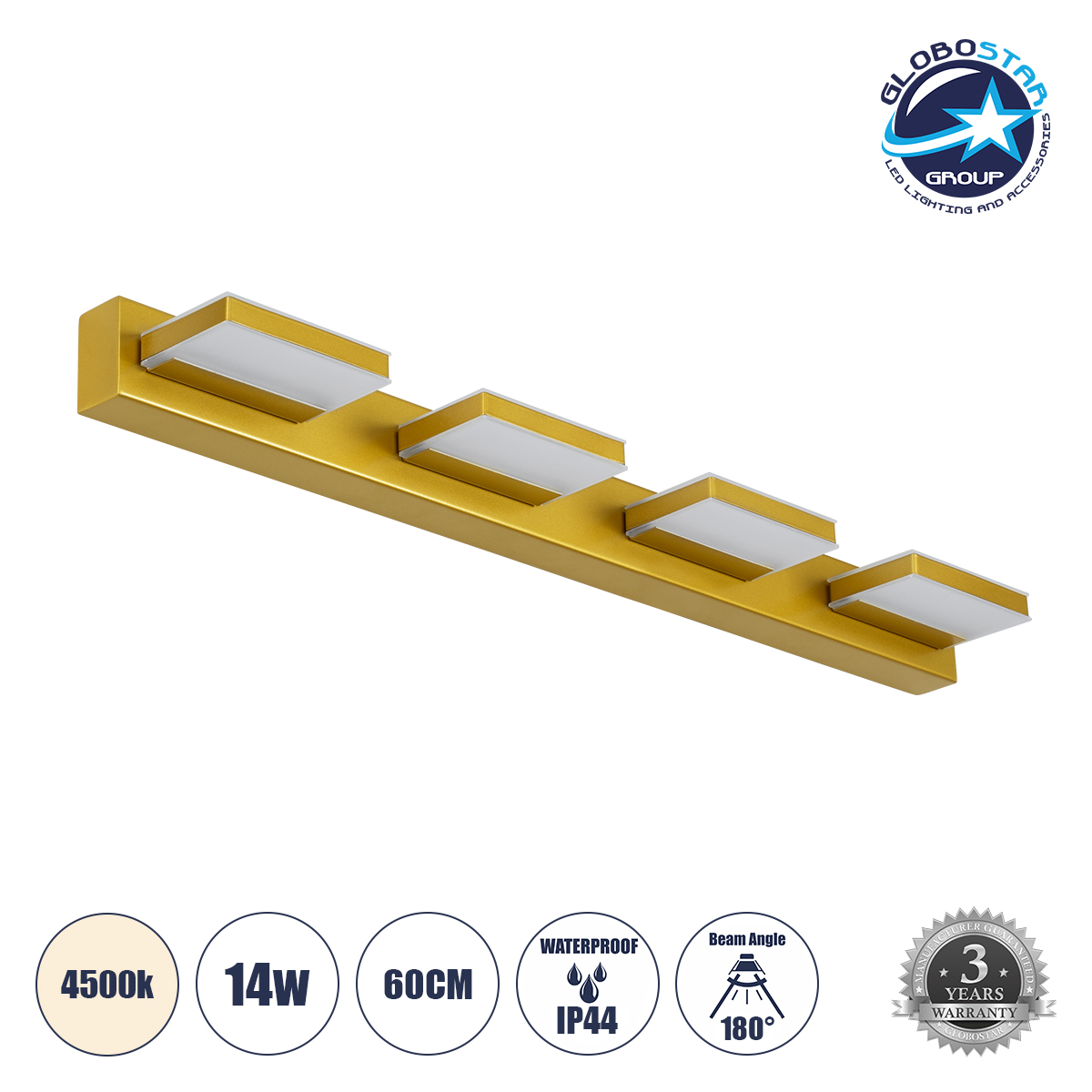 60457_1 GLOBOSTAR® KARLA 60457 Μοντέρνο Φωτιστικό Τοίχου - Απλίκα Καθρέπτη Μπάνιου LED 14W 1600lm 180° AC 220-240V IP44 Φυσικό Λευκό 4500K - Lumileds SMD Chip & TÜV SÜD Driver - Χρυσό - Μ60 x Π9 x Υ5cm - 3 Χρόνια Εγγύηση - Image 1