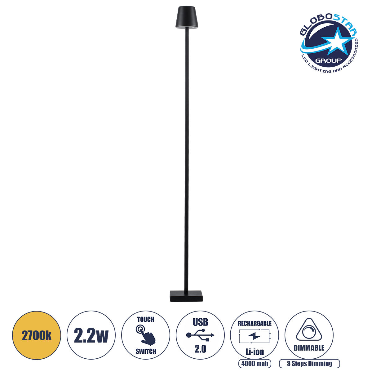 60477_1 GLOBOSTAR® NEGA 60477 Μοντέρνο Επιδαπέδιο Φωτιστικό LED 2.2W 154lm 360° DC 5V με USB 2.0 με Επαναφορτιζόμενη Μπαταρία Li-ion 3.7V 4000mAh IP44 Θερμό Λευκό 2700K με Αφή Dimmable - Lumileds SMD Chip - Μαύρο - Μ10 x Π10 x Υ135cm - 2 Χρόνια Εγγύηση - Image 1